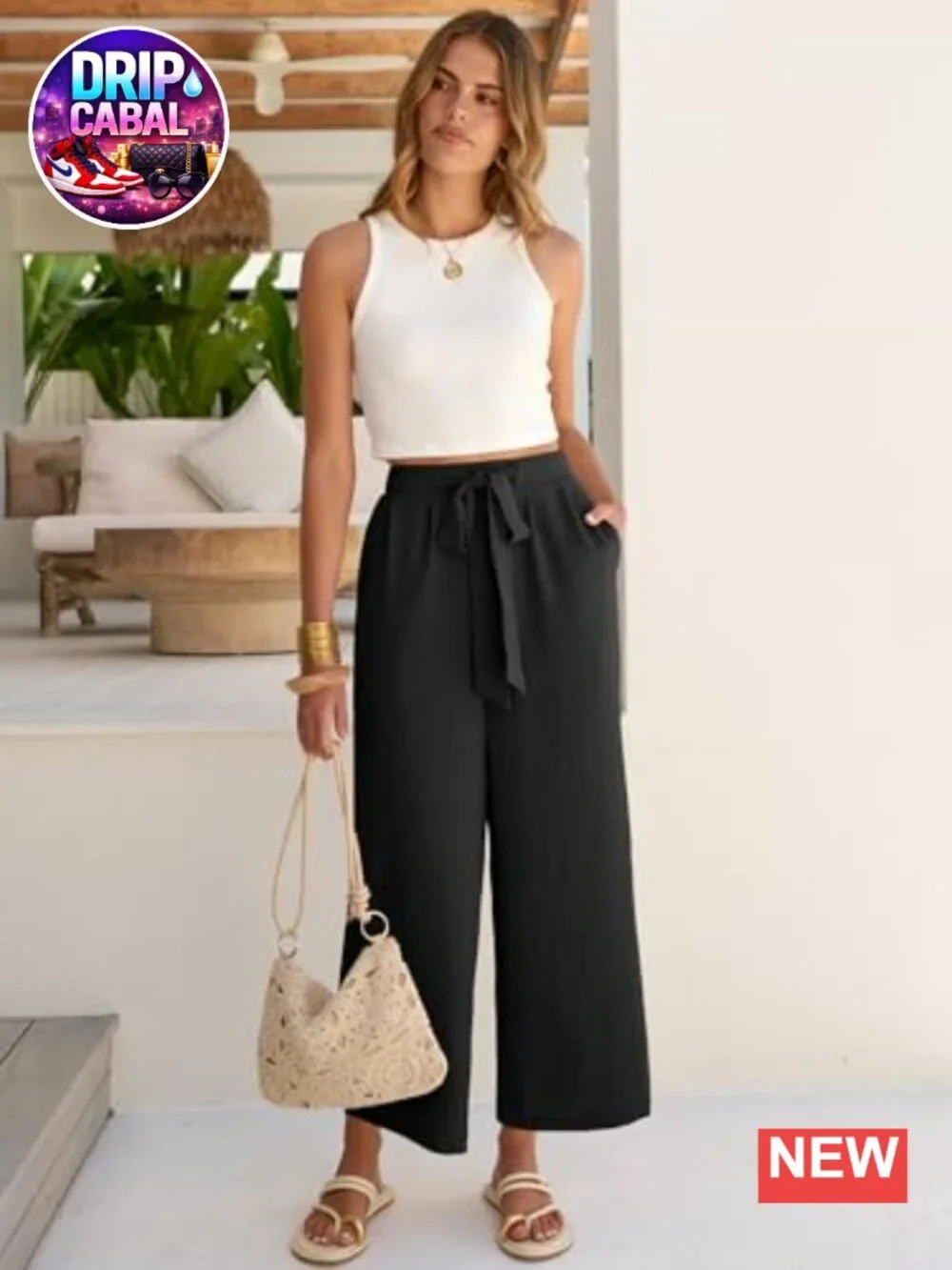 Wide Leg Palazzo Pants with Pockets High Waisted Loose Casual Cropped